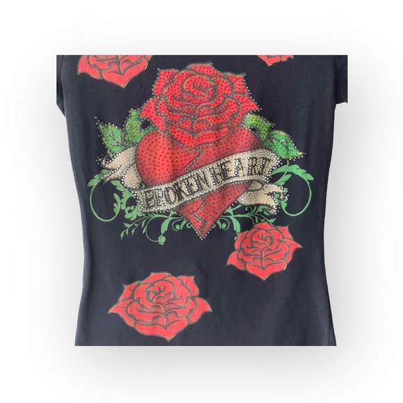 Y2K: Broken Heart ✿ Crystal Rose Tattoo Tee T Shirt ✿ Black Small ✿ Stretch Fit - Picture 6 of 16